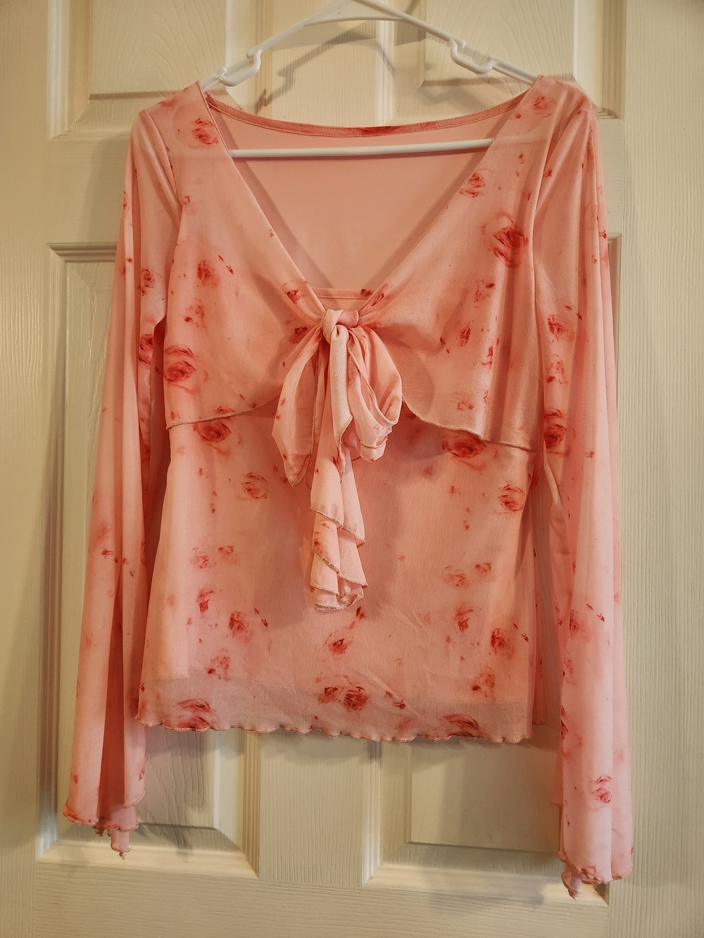 Pink Floral Tie-Front Long Sleeve Blouse